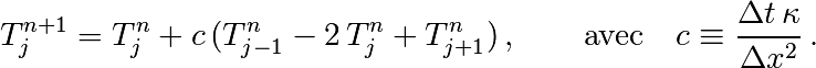 T_{j}^{n+1} = T_{j}^{n} + c \, (T_{j-1}^{n}-2\, T_{j}^{n}+T_{j+1}^{n}) \, ,
\qquad \text{avec}\quad
c\equiv \frac{{\Delta t}\,  \kappa}{\Delta x^2} \, .